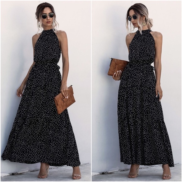 BLack polka dot belted halter maxi dress boho - Picture 2 of 3
